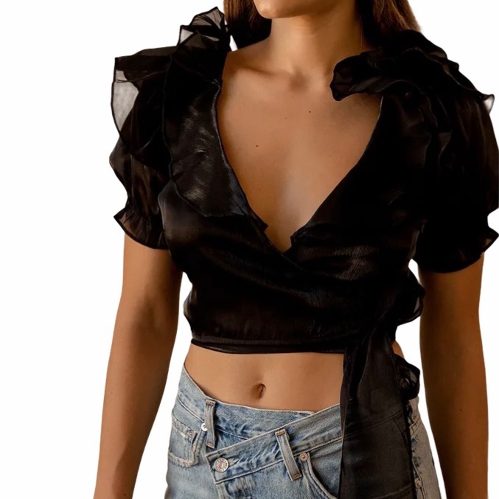 Master of Style Black Puff Sleeve Cropped Wrap Top - Picture 4 of 6